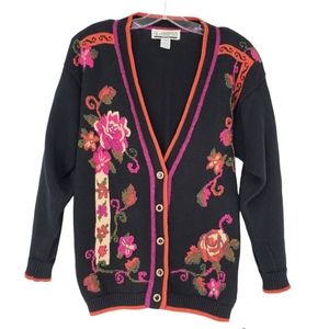 Vintage Floral Embroidered Cardigan Sweater - Small